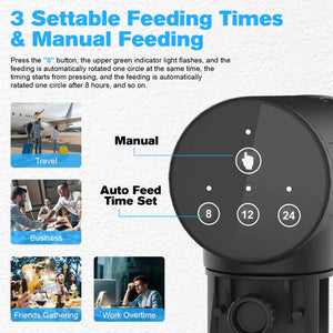 Black pet feeder with settable feeding time options on a white background at Pet Servo