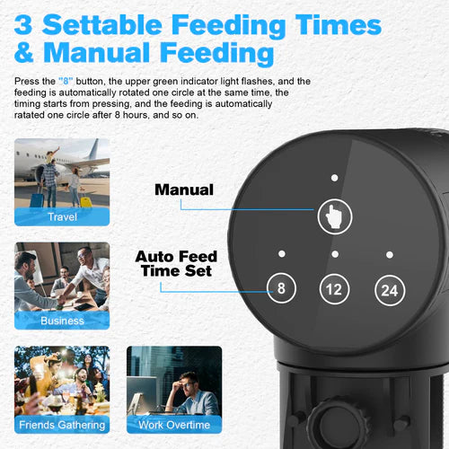 Black pet feeder with settable feeding time options on a white background at Pet Servo
