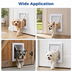 Four-panel collage showing a white pet door installed on doors in different home and outdoor settings, with several dogs using it to enter and exit. The top text reads 'Wide Application at Pet Servo