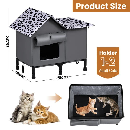 Gray elevated cat house with a black-and-white spotted roof, shown with size measurements, a holder capacity label for 1-2 adult cats, and two cats pictured below the house at Pet Servo
