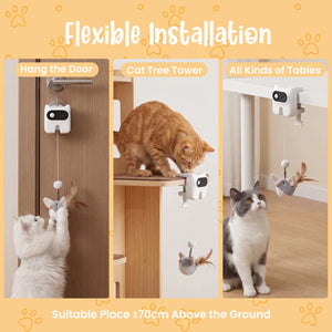 Cat toy installation on various surfaces with text indicating flexible installation at Pet Servo