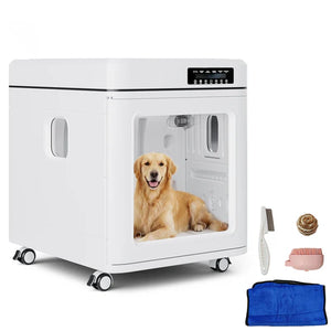 Pet travel crate with a dog inside, accompanied by grooming tools and a blanket on a white background at Pet Servo