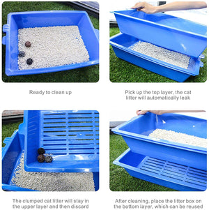 Blue cat litter box with steps on how to clean it, showing clumped litter and a clean interior at Pet Servo