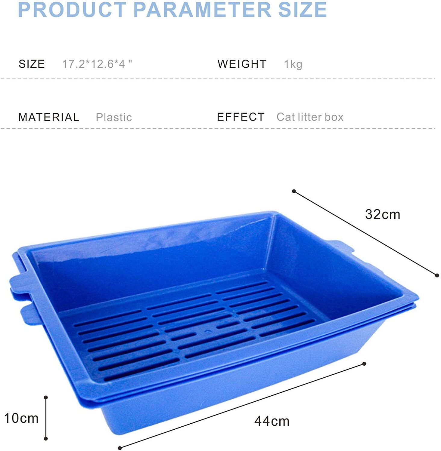 Blue plastic cat litter box with dimensions and product parameter details on a white background at Pet Servo