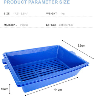Blue plastic cat litter box with dimensions and product parameter details on a white background at Pet Servo