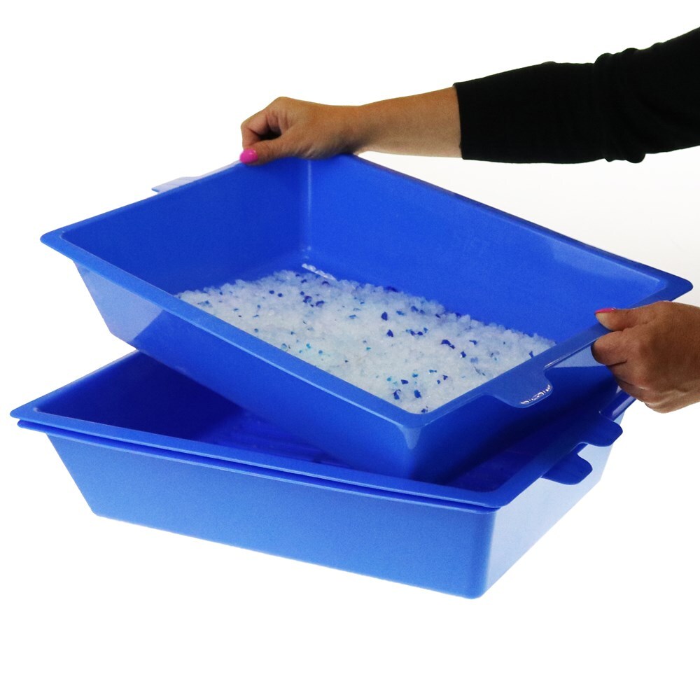 Blue plastic litter box with a person interacting with it on a white background at Pet Servo