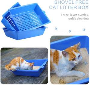 Blue cat litter box with a cat using it, labeled 'Shovel Free Cat Litter Box' at Pet Servo