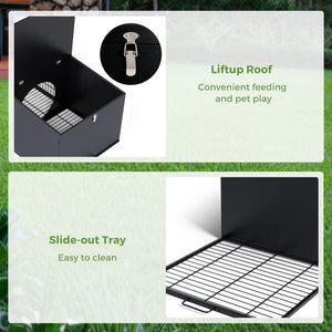 Pet pen with liftup roof and slide-out tray on a grass background at Pet Servo
