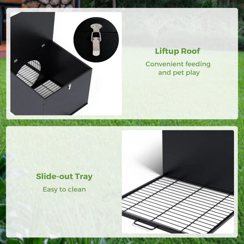Pet pen with liftup roof and slide-out tray on a grass background at Pet Servo