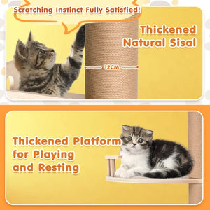 A promotional graphic for a cat tree with two panels. The top panel shows a tabby kitten scratching a thick natural sisal post, with text reading 'Scratching Instinct Fully Satisfied!' and 'Thickened Natural Sisal' plus a 12CM measurement callout at Pet Servo