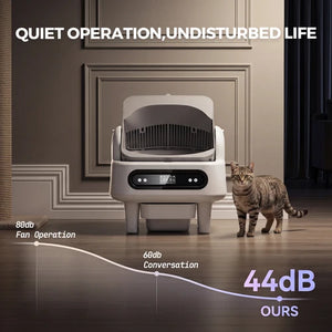 Dishwasher with a cat on a wooden floor, emphasizing quiet operation at Pet Servo