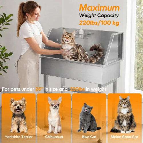 A stainless steel pet grooming tub shown in a home setting with a woman washing a cat inside. The image includes text highlighting 220 lbs/100 kg weight capacity and orange panels showing four different cat breeds under the tub at Pet Servo