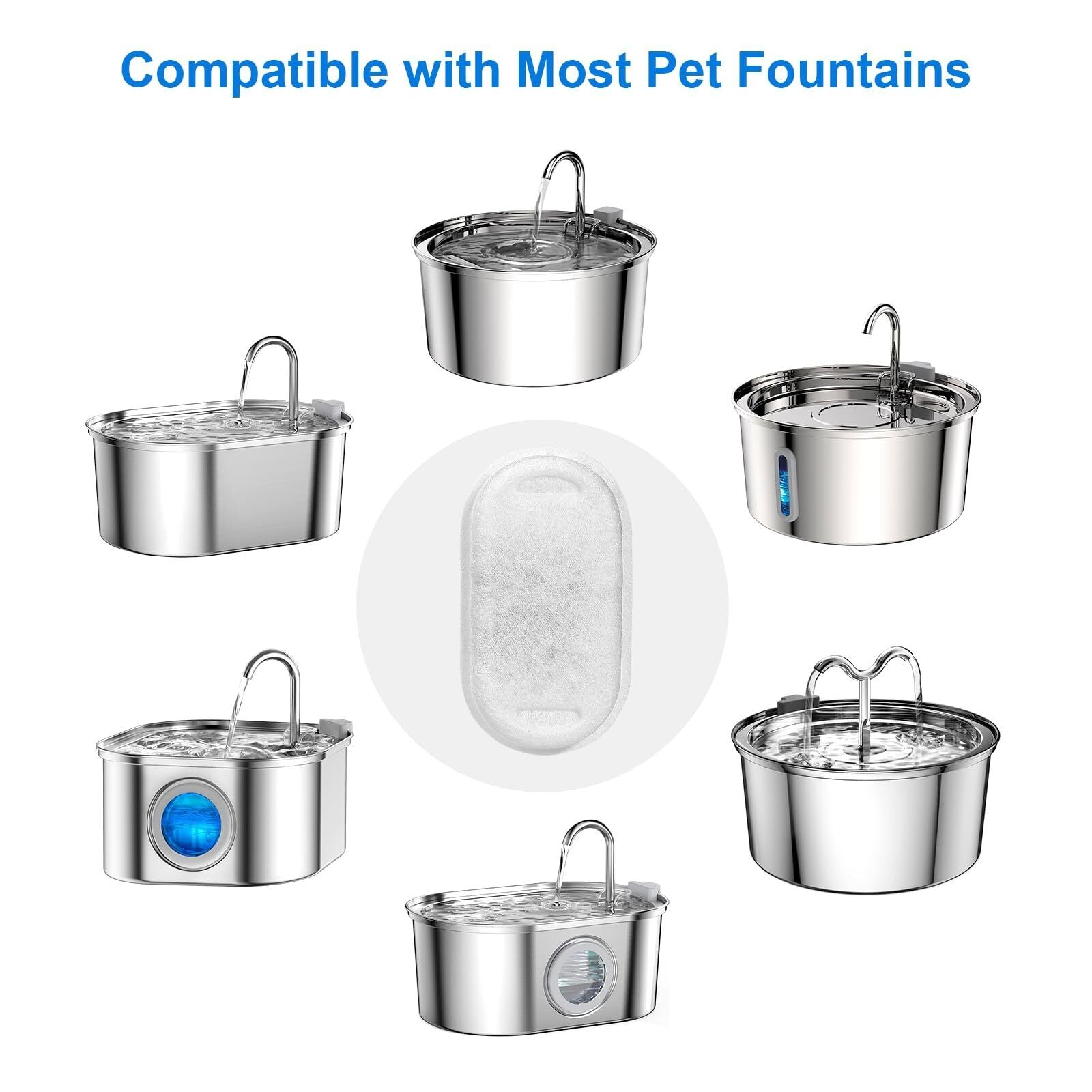 Collection of stainless steel pet water bowls and fountains on a white background with text 'Compatible with Most Pet Fountains' at Pet Servo