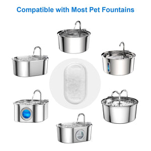 Collection of stainless steel pet water bowls and fountains on a white background with text 'Compatible with Most Pet Fountains' at Pet Servo