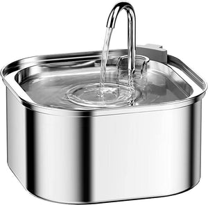 Stainless steel pet water fountain on a white background at Pet Servo