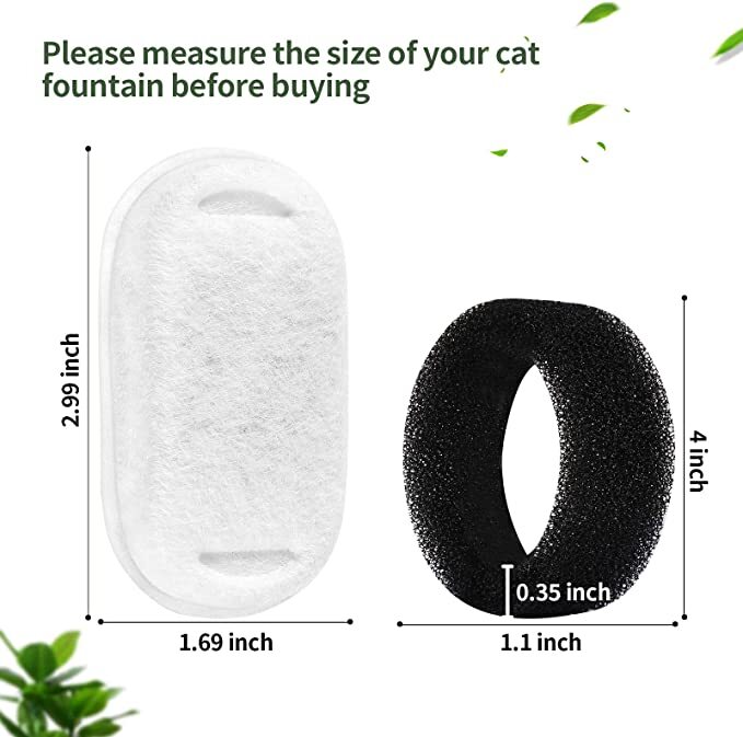 Measurement chart for a white and black cat fountain filter with dimensions at Pet Servo