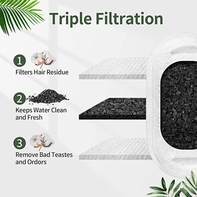 Triple filtration system with black material and text on a white background at Pet Servo