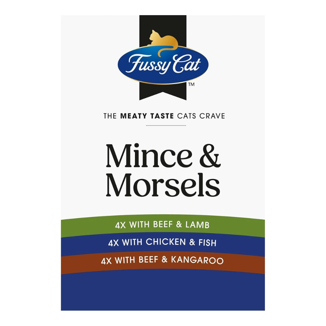 Fussy Cat Mince & Morsels cat food packaging on a white background