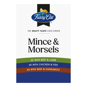 Fussy Cat Mince & Morsels cat food packaging on a white background