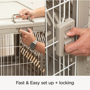 Person installing a pet crate lock with text 'Fast & Easy set up + locking'.