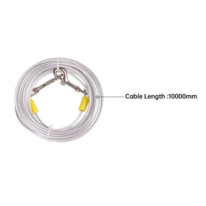 A coiled white cable with metal clips and two small yellow end pieces on a white background, with a text label reading 'Cable Length :10000mm'.