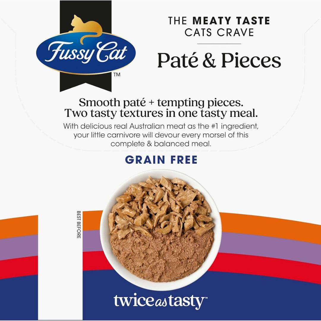 Fussy Cat pet food packaging with text and a bowl of páté and pieces.