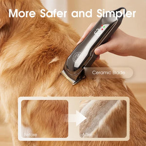 A pet grooming clipper being used on a golden retriever's back, with a hand holding the black and silver device. The image includes the text 'More Safer and Simpler', 'Ceramic Blade', and a before-and-after inset showing the grooming result at Pet Servo