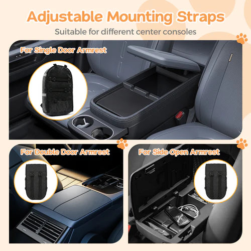 Car armrest organizer with adjustable mounting straps for different car console types at Pet Servo