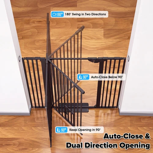 Black metal stair gate shown installed between two wooden doors, with text callouts explaining swing range, auto-close function, and dual-direction opening at Pet Servo