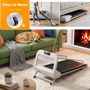 Portable treadmill in a living room setting with a dog on a couch and a fireplace in the background at Pet Servo
