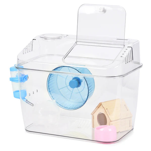 Pet habitat with clear sides, blue exercise wheel, and wooden house on a white background
