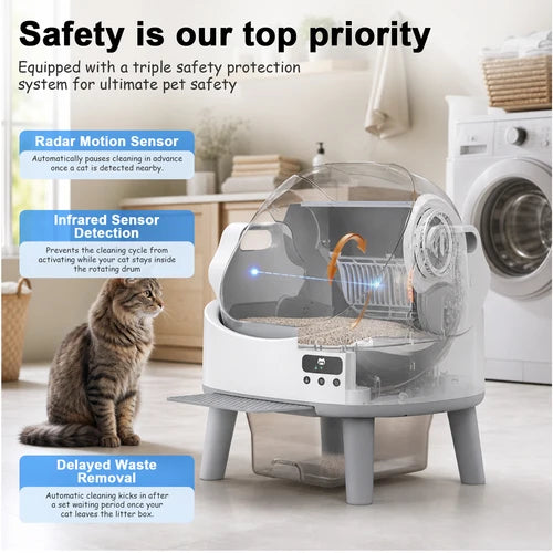 Pet litter box with safety features highlighted in a home setting at Pet Servo
