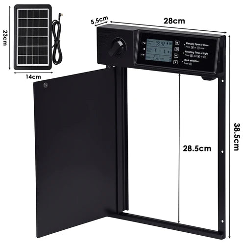 Black electronic device with solar panel and digital display, showing dimensions on a white background at Pet Servo