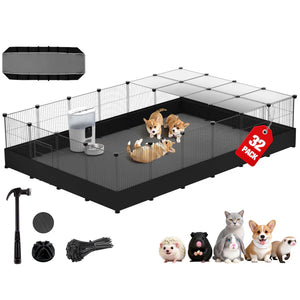 Pet playpen with accessories and small animals on a white background