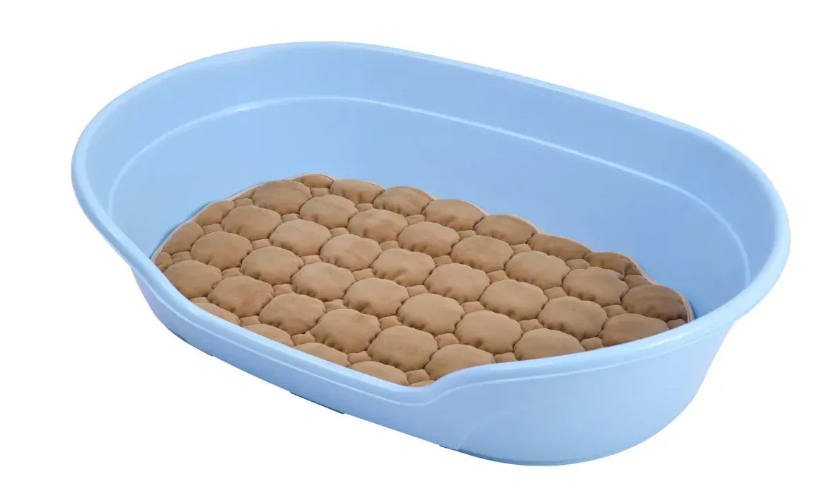 Blue plastic litter box with brown cat litter on a white background at Pet Servo
