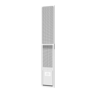 Tall vertical screen door with a white frame on a white background