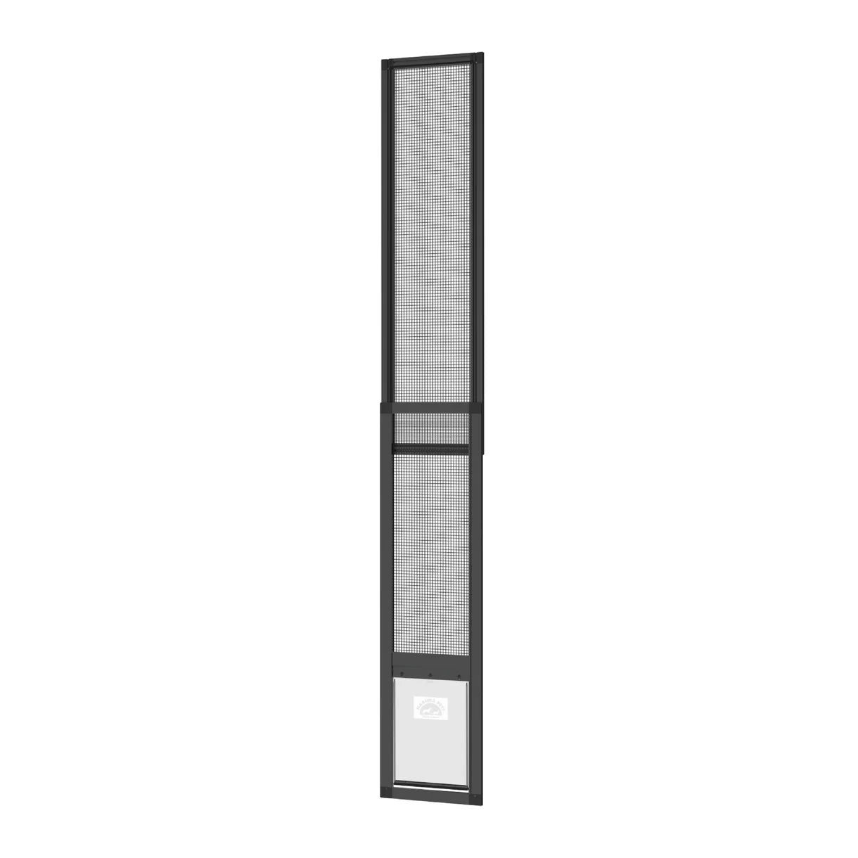 Tall, narrow screen door with a black frame on a white background