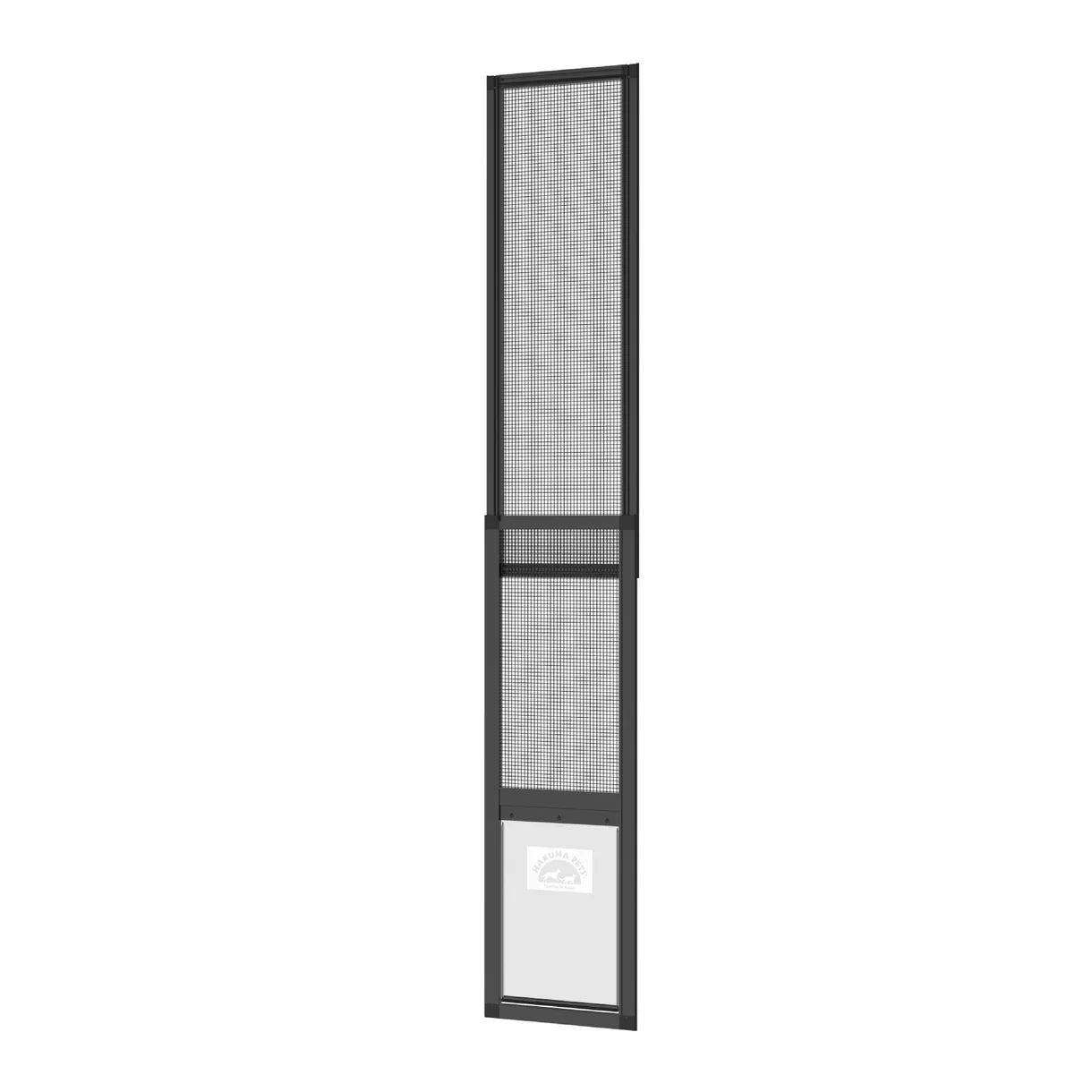 Tall black-framed screen door on a white background