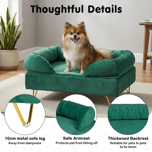 Green pet bed with a dog sitting on it, surrounded by text highlighting features at Pet Servo
