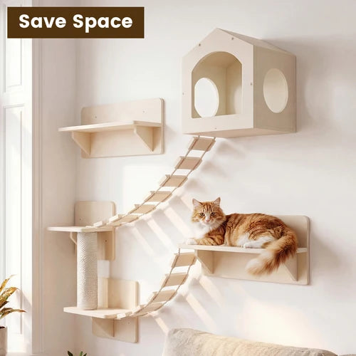 A multi-level wooden cat tree with shelves, a ramp, a scratching post, and a house-shaped top perch, shown mounted on a white wall in a bright room. An orange tabby cat is lying on one of the shelves at Pet Servo