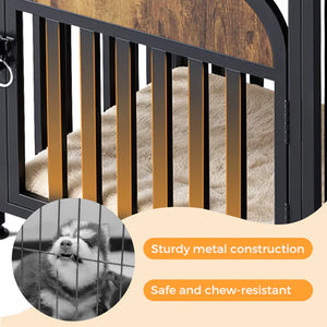 Pet playpen with metal construction and wooden top, featuring a dog peeking through at Pet Servo