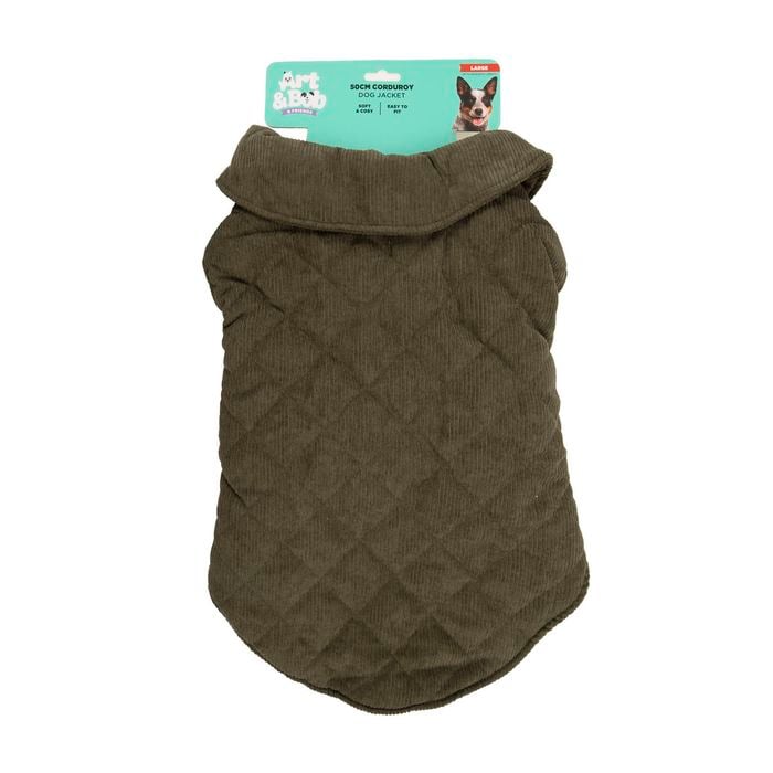 Brown quilted dog jacket with brand label on a white background