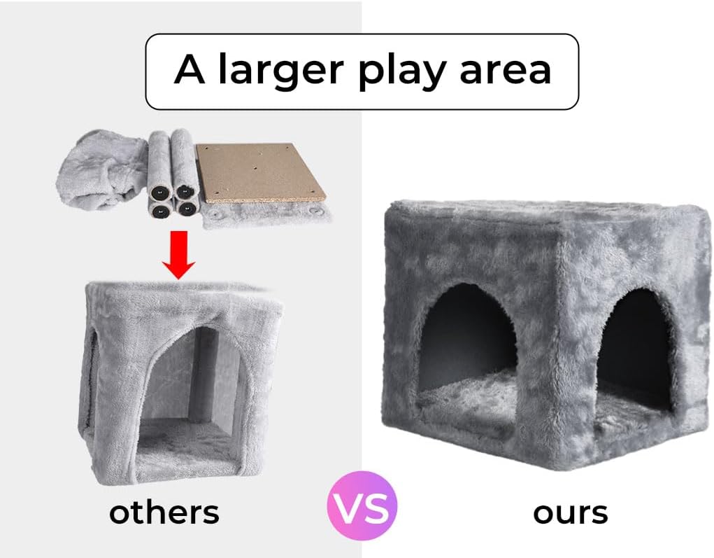 A comparison graphic showing a gray plush cat house with two arched openings, labeled 'ours', alongside a smaller, less plush alternative labeled 'others' with a red arrow and the text 'A larger play area' at Pet Servo