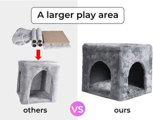 A comparison graphic showing a gray plush cat house with two arched openings, labeled 'ours', alongside a smaller, less plush alternative labeled 'others' with a red arrow and the text 'A larger play area' at Pet Servo