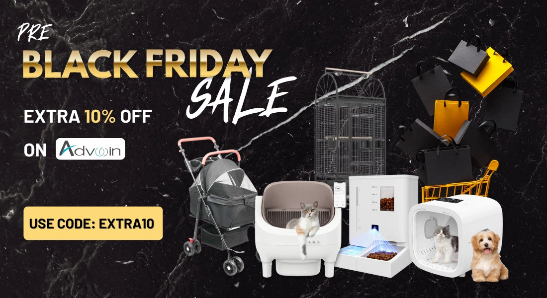 Black Friday sale advertisement with pet products on a dark background