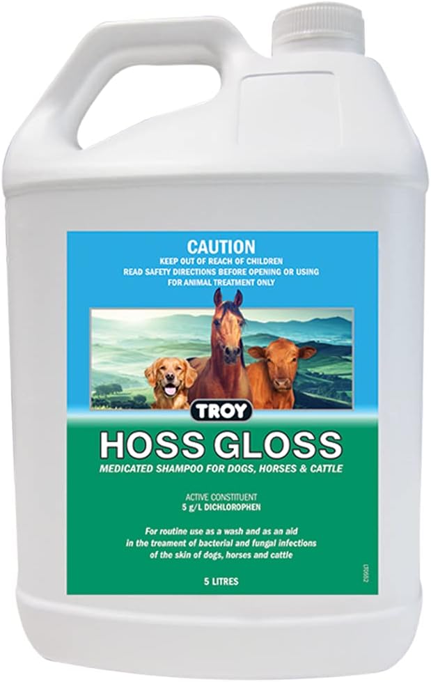 Troy Hoss Gloss medicated shampoo container for animals on a white background at Pet Servo