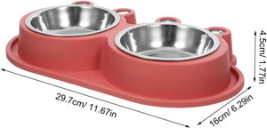 A red pet feeding mat with two stainless steel bowls, shown with dimension lines and measurements on a white background at Pet Servo