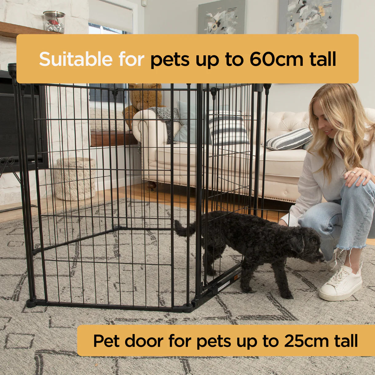 Pet door for small pets with a woman and black cat interacting, in a home setting.