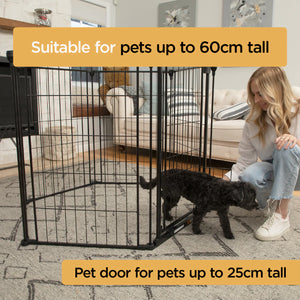Pet door for small pets with a woman and black cat interacting, in a home setting.
