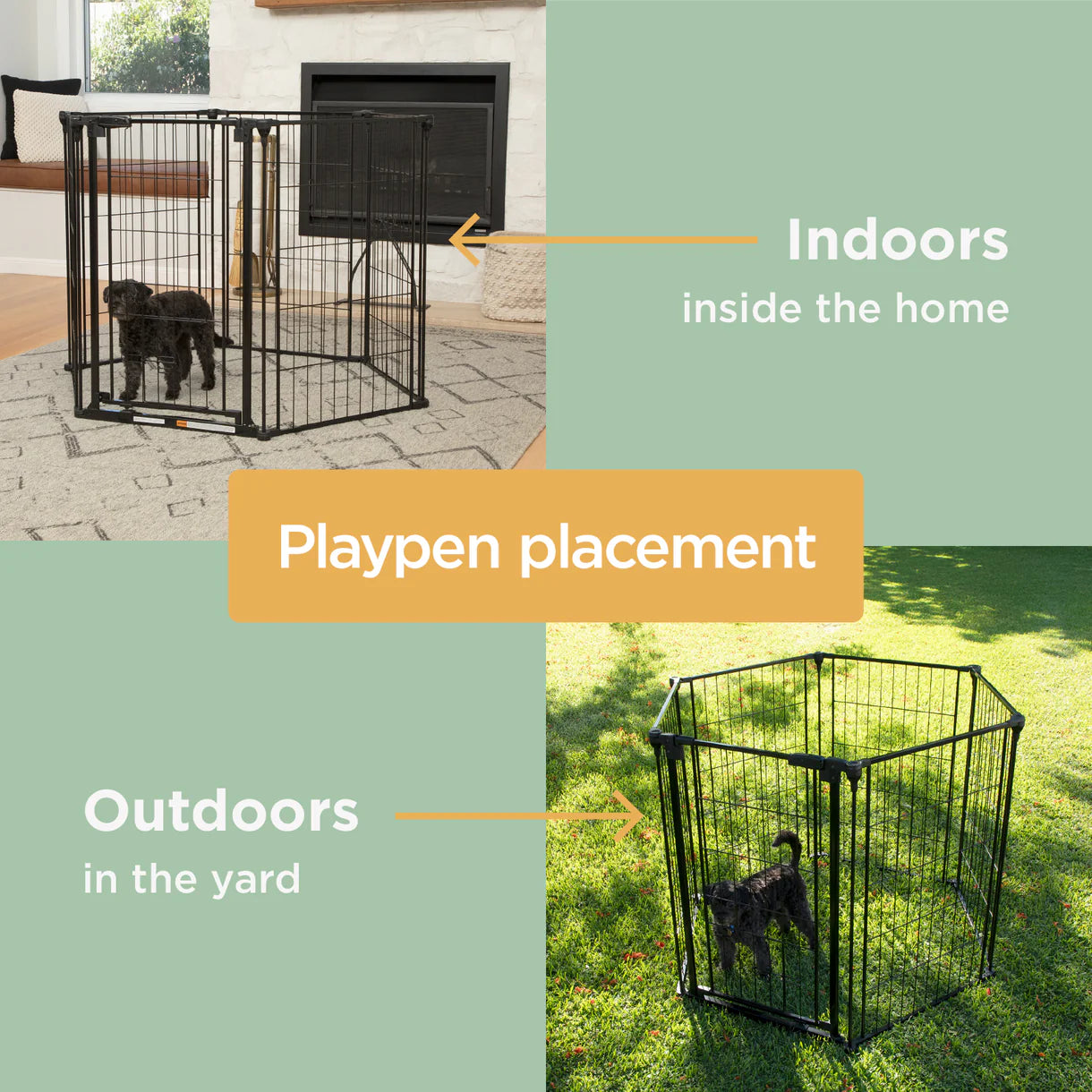 Dog playpen shown indoors and outdoors with text indicating placement.